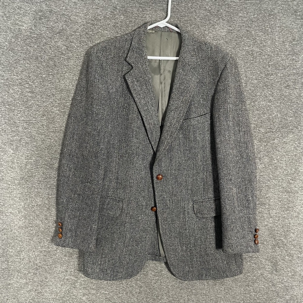 Vintage Harris Tweed Blazer Mens 40R Gray Herringbone Wool Sport Coat Jacket USA